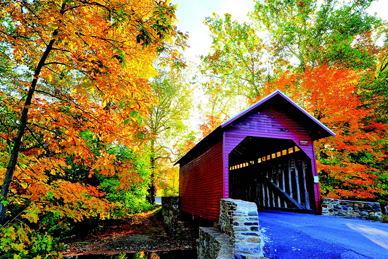 covered bridge along country road and autumn colored trees