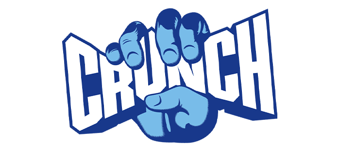 crunch logo text with hand gripping letters